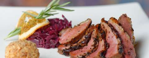 Landes duck breast glazed with quince paste and balsamic vinegar